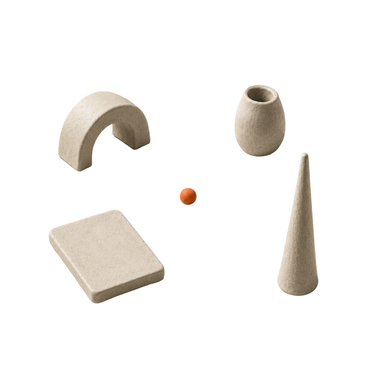 Scattered ceramic forms: arch, vase, cone, slab
