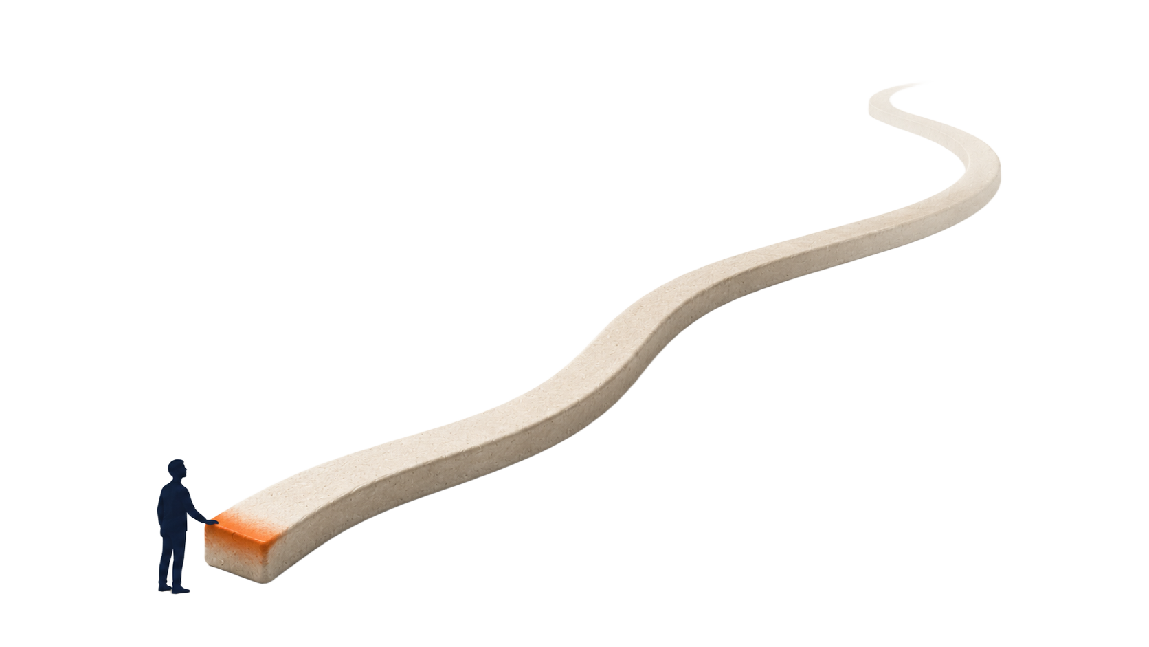 A figure pushing a Fireflower block, launching a path that winds into the distance