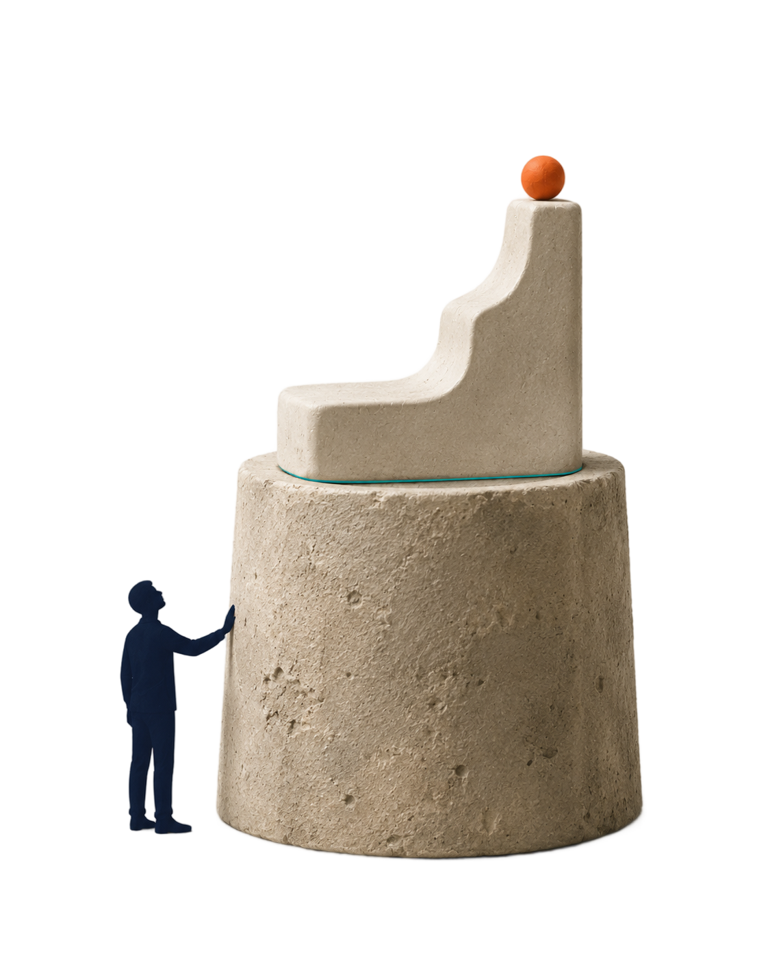 A figure reaching toward a stepped sculpture